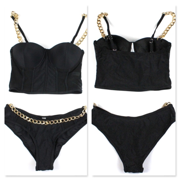 Chain and Mesh Detailed Black Push Up Swimsuit - Picture 5 of 9